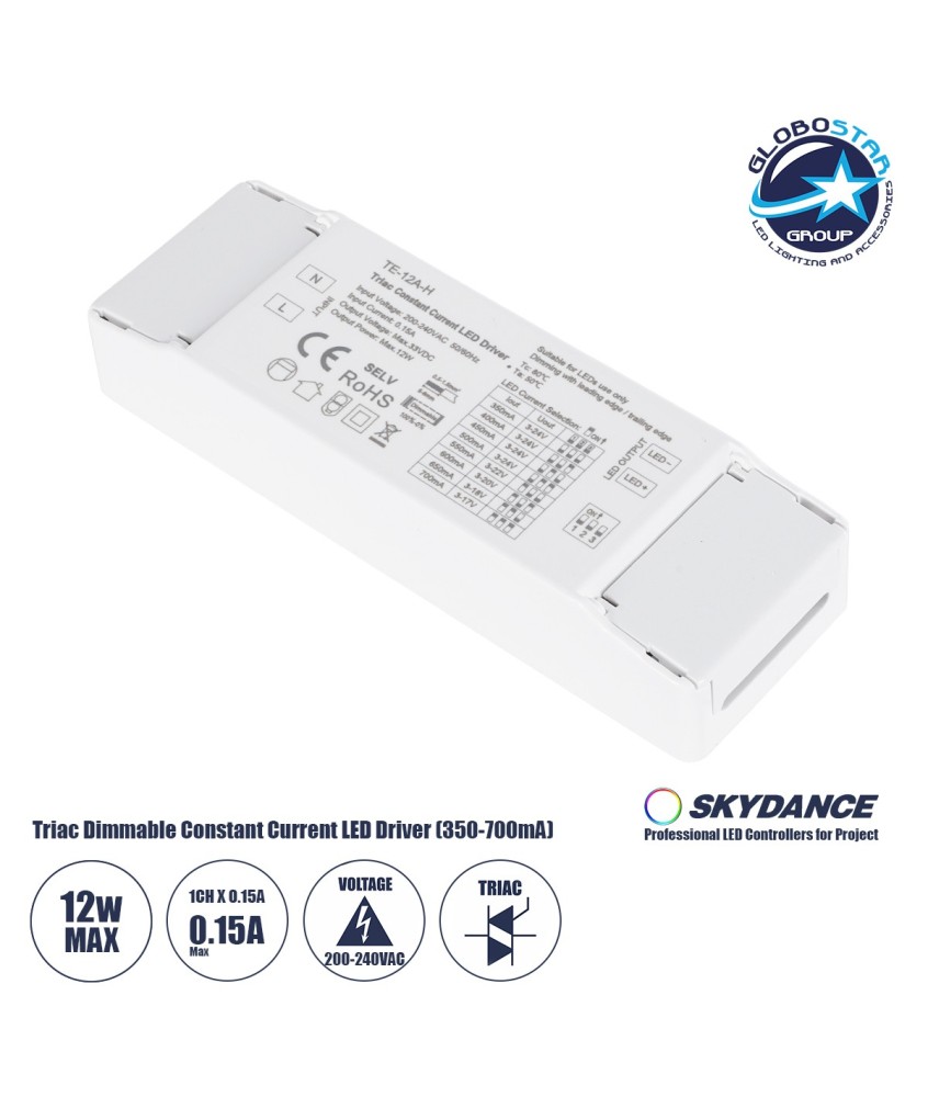 GloboStar® 73131 TE-12A-H SKYDANCE AC Triac Dimmable Constant Current LED Driver 1 Κανάλι AC 200-240V 1 x 0.15A 12W - Max 0.15A 12W - IP20 Μ11.1 x Π3.7 x Υ2cm - 5 Χρόνια Εγγύηση